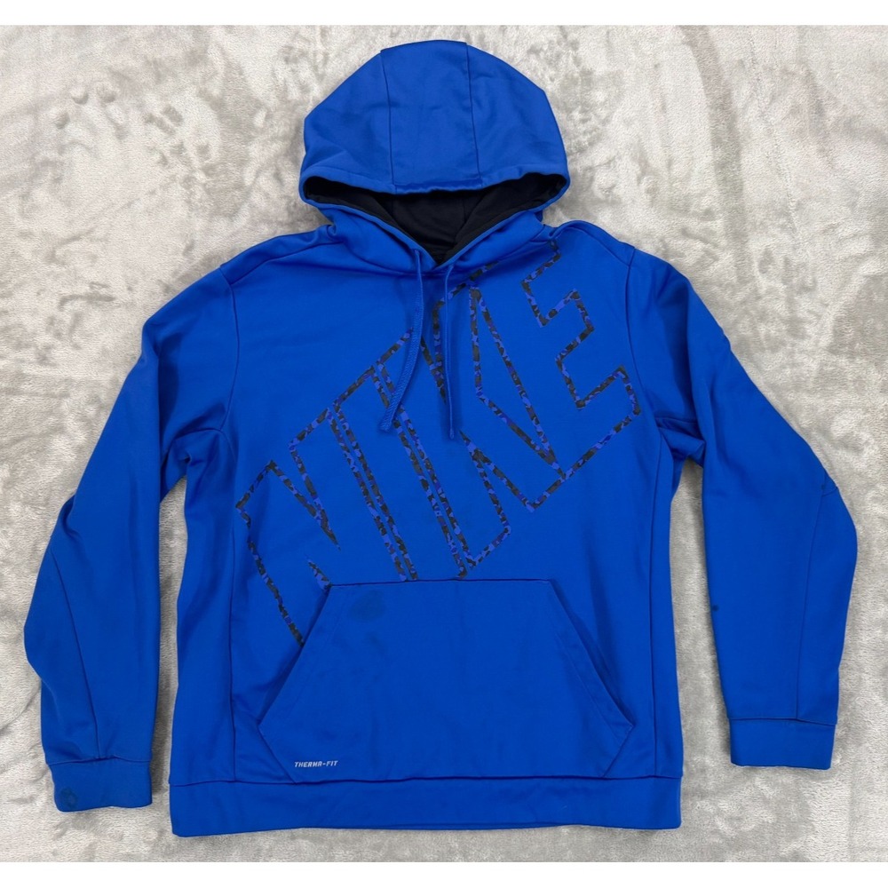 Nike Hoodie‎ Mens XL Blue Therma Fit Pullover Kangaroo Pocket Fleece Stained
